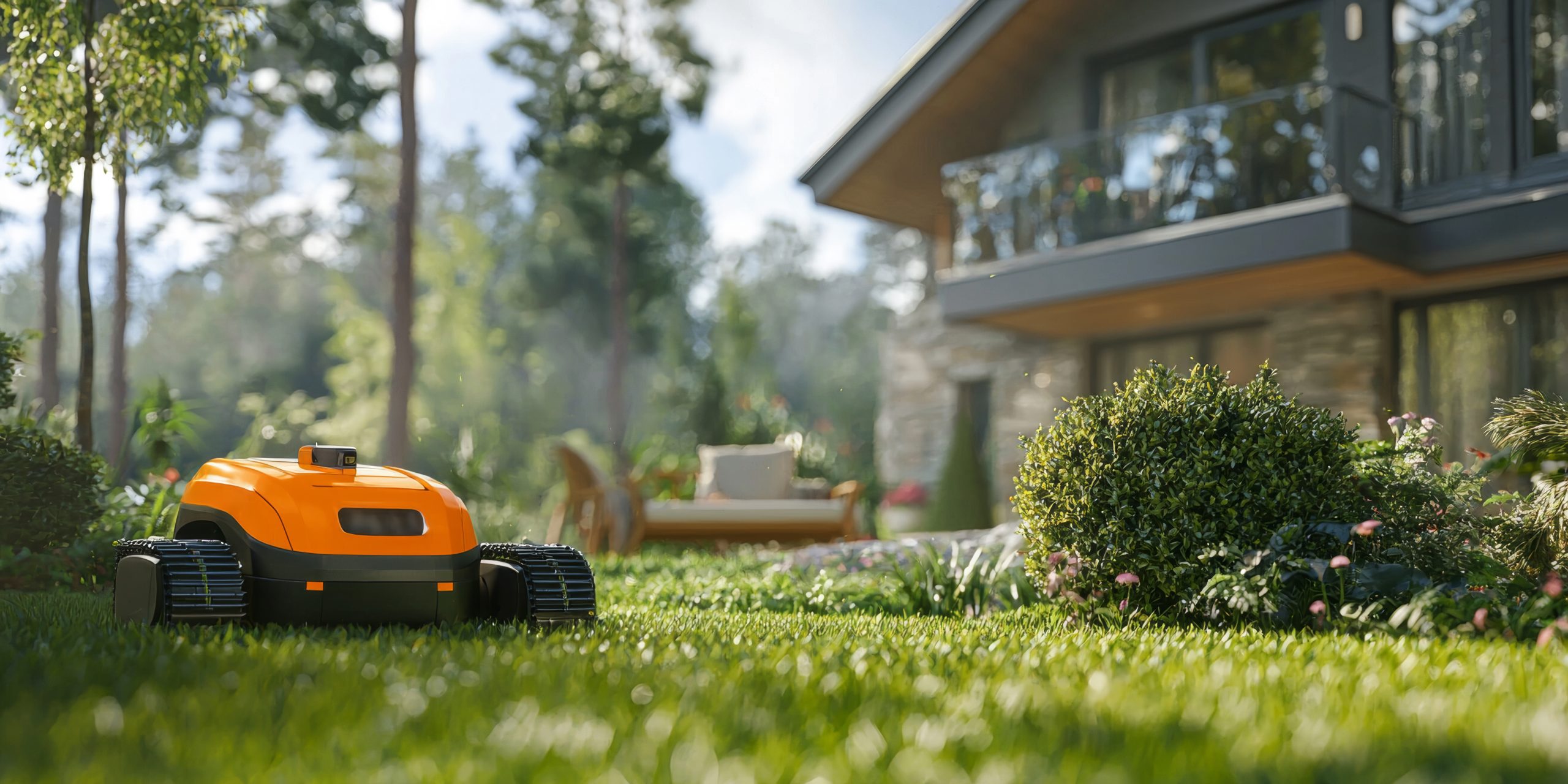 Robot tondeuse devant une maison